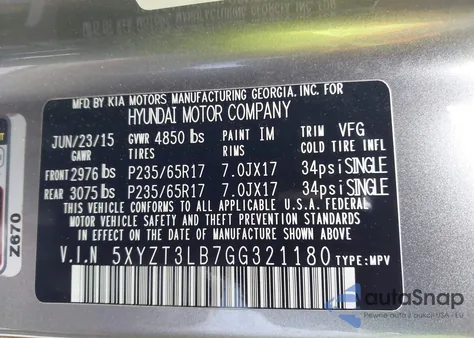 2016 Hyundai Santa Fe Sport 2.4L z USA, uszkodzony, nr VIN 5XYZT3LB7GG321180